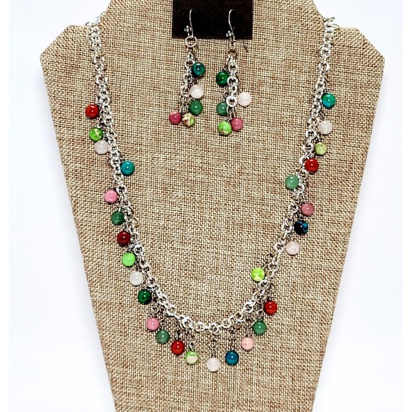 Genuine Agate Round Bead Multicolor Silver Tone Necklace & Drop Earrings Set New - Picture 1 of 11